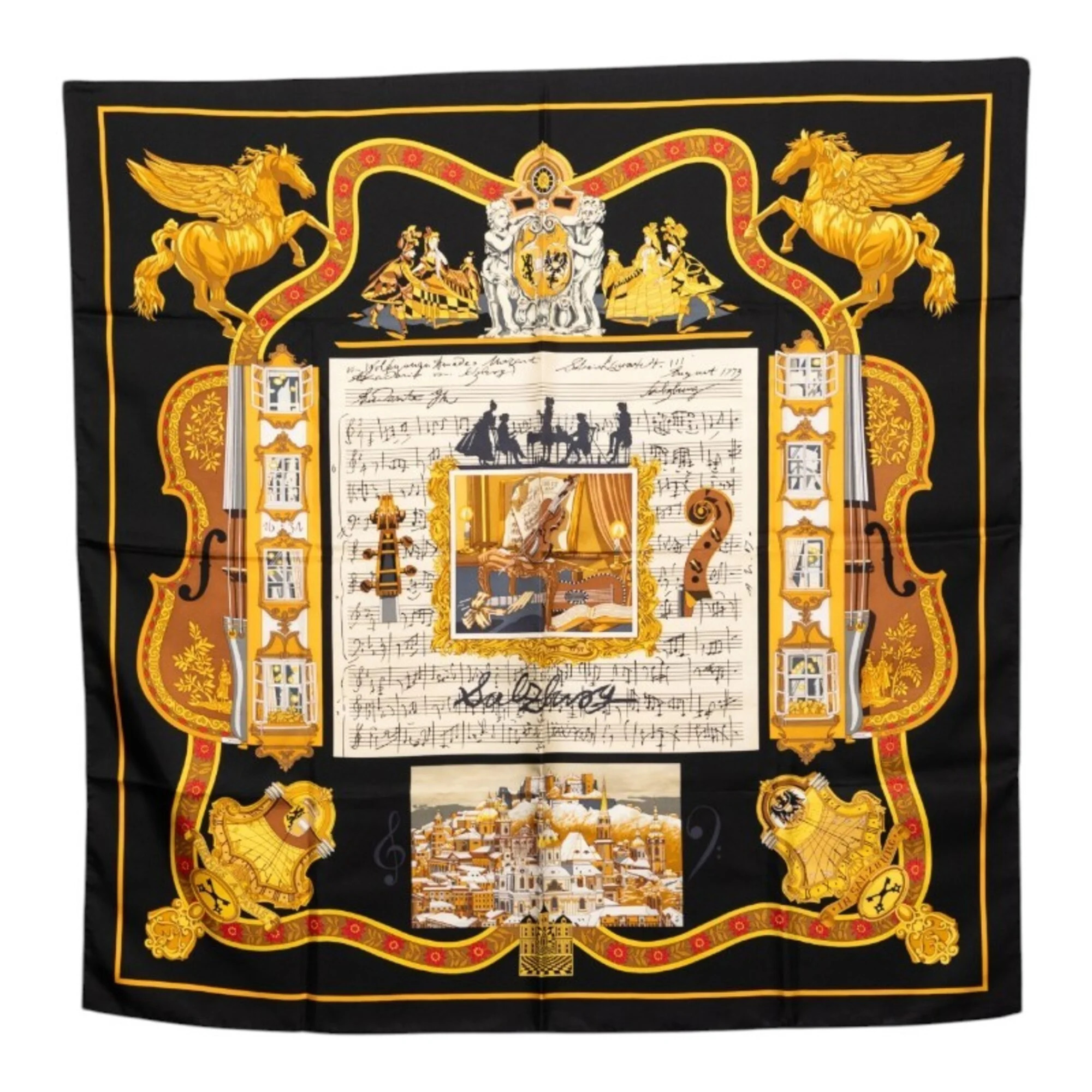 Hermes Carre 90 In Salzburg (Salzburg) Scarf/Muffler, Black Silk, Women's, He...